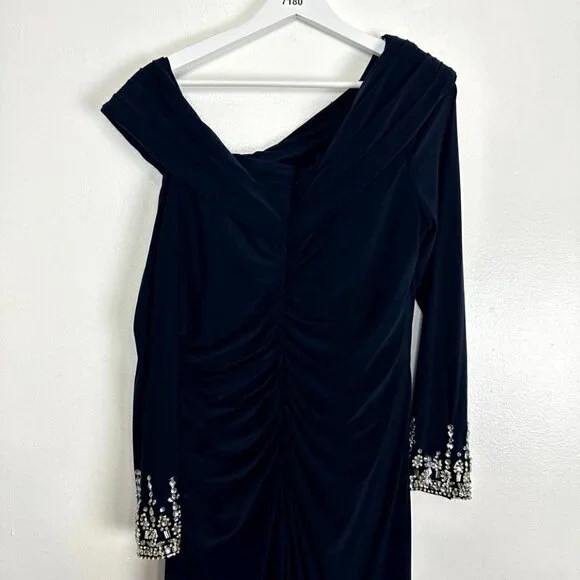 MAC DUGGAL One-Shoulder Long Sleeve Jersey Gown in Midnight Size US 14